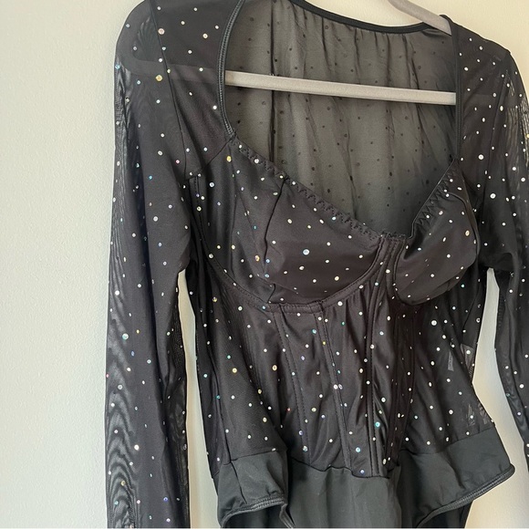 Shein Curve Black Rhinestone Mesh Long Sleeve Bodysuit Plus Size 1XL Holiday - Picture 2 of 12